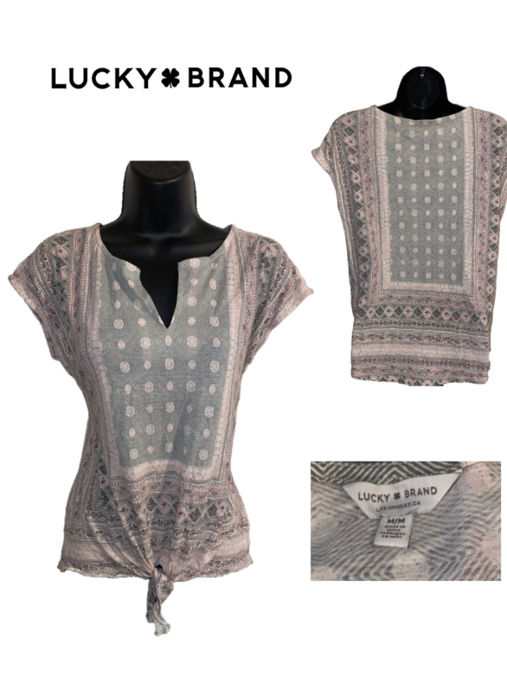 Lucky Brand Geometric Print Tie-Front Top Size Medium